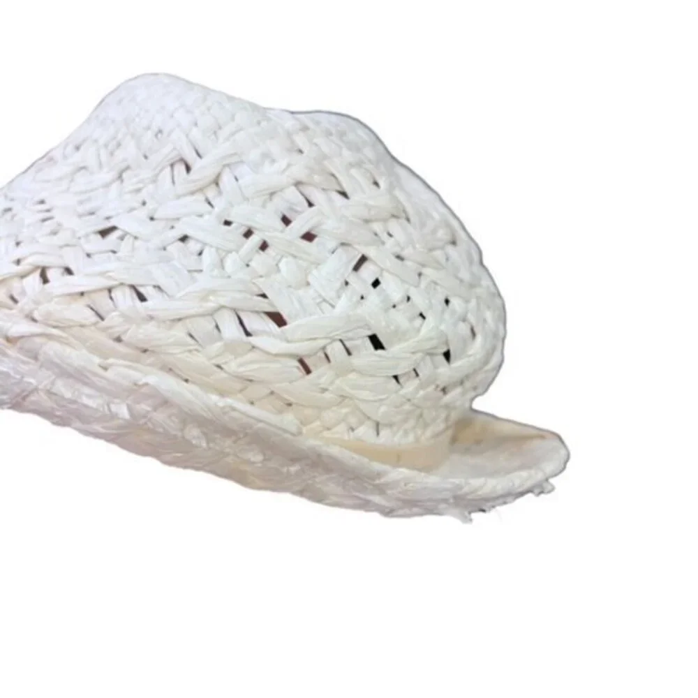 White Paper Bucket Hat Beige Ribbon Summer Sun Beaded Beach Pool Vacation Travel